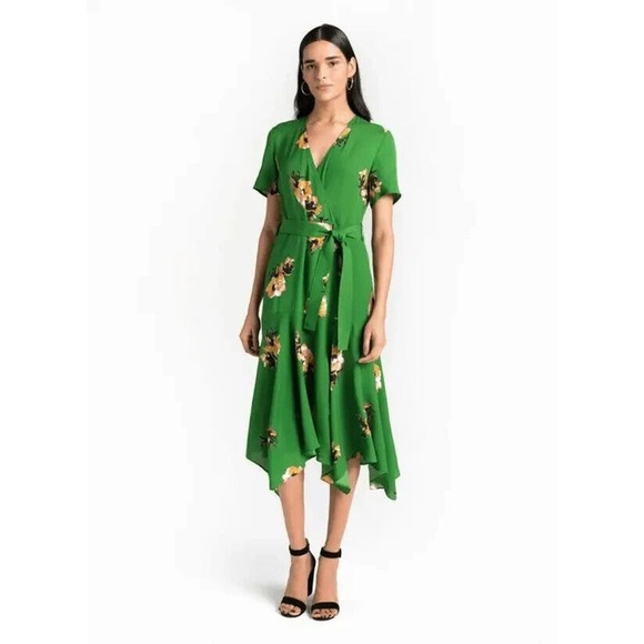 A.L.C. 100% Silk Cora Wrap Dress Green Floral Tie V-Neck SS Women's Size 4 ALC - Picture 5 of 16